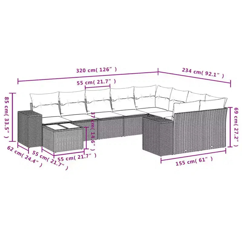 vidaXL Ensemble de canapés de jardin 10 pièces avec coussins, sectionnel d'extérieur en résine tressée, plusieurs coloris