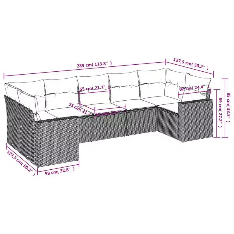 vidaXL Salon de jardin 7 pcs Noir Résine tressée Pieds larges réglables