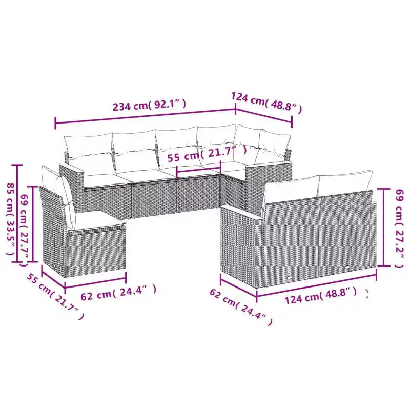 vidaXL Salon de jardin 9 pièces en poly rotin avec coussins, canapé d'extérieur modulaire, plusieurs coloris et modèles disponibles