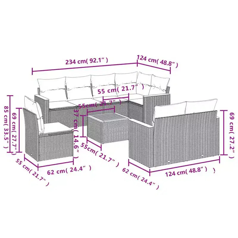 vidaXL Salon de jardin 9 pièces en poly rotin avec coussins, canapé d'extérieur modulaire, plusieurs coloris et modèles disponibles