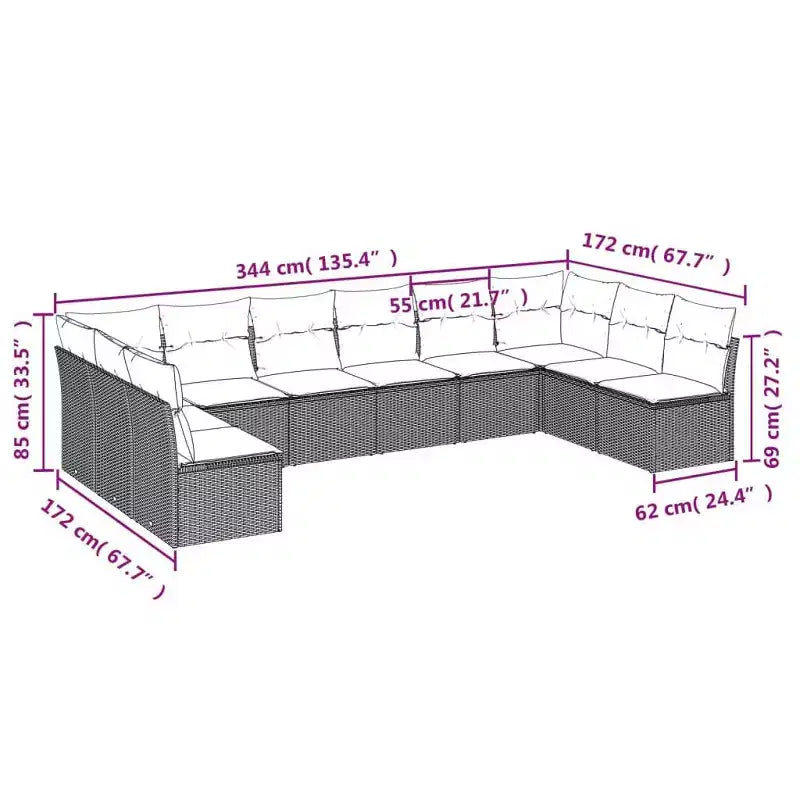 vidaXL Salon de jardin 10 pièces avec coussins, sectionnel d'extérieur en rotin synthétique, plusieurs coloris et modèles