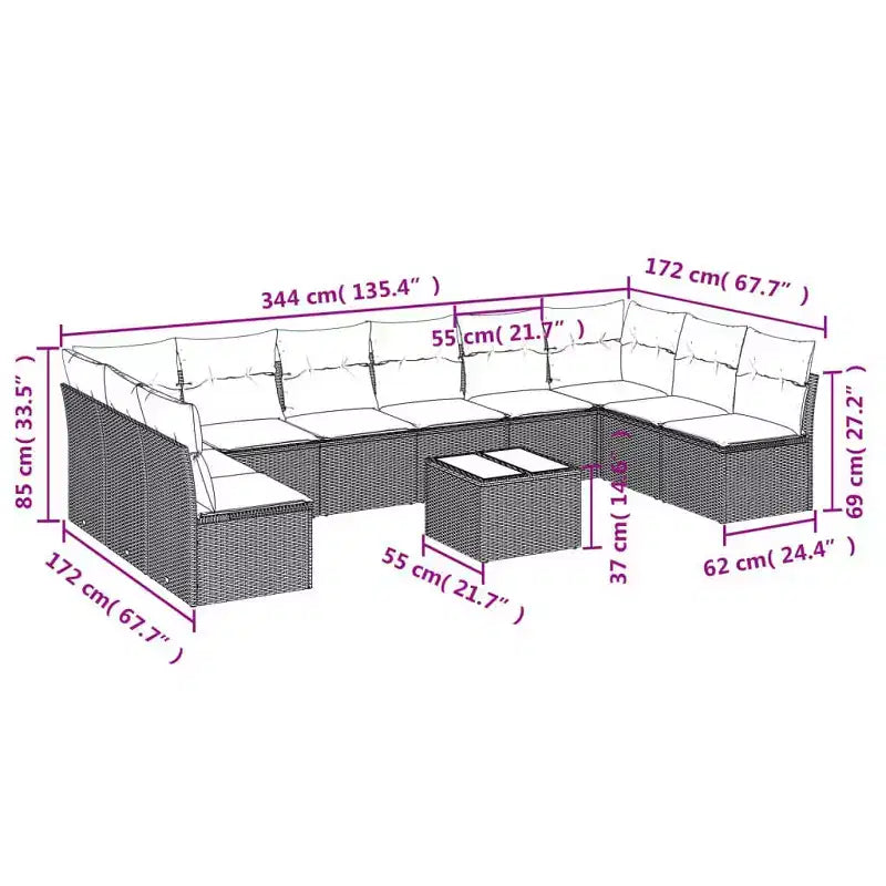 vidaXL Salon de jardin 10 pièces avec coussins, sectionnel d'extérieur en rotin synthétique, plusieurs coloris et modèles