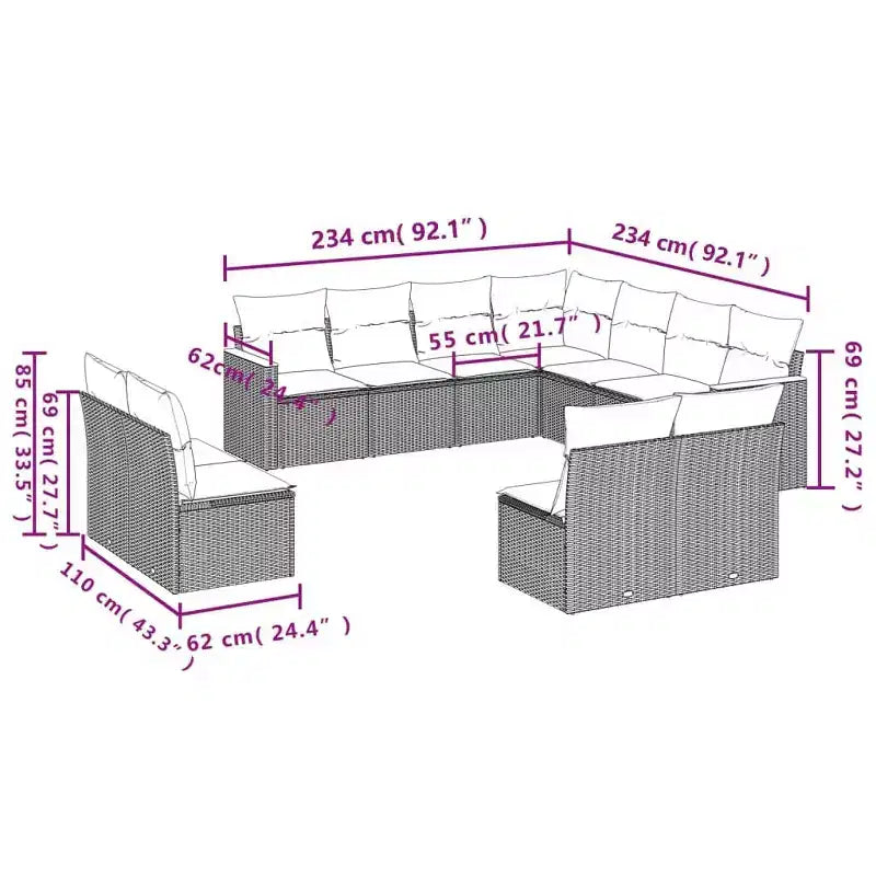 vidaXL Ensemble de canapés de jardin 12 pièces avec coussins en résine tressée, ensemble de conversation modulaire d'extérieur