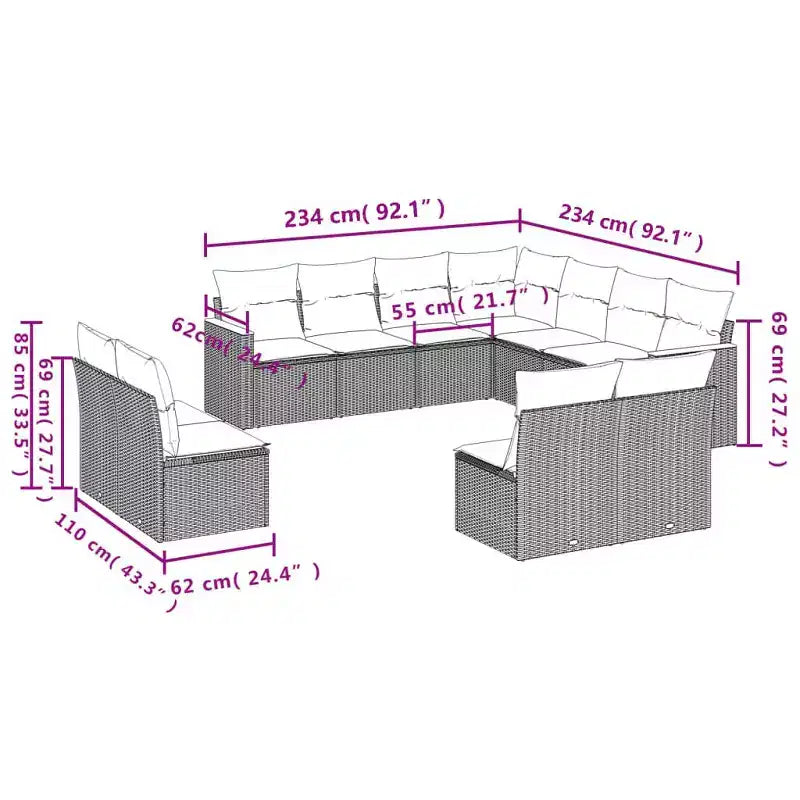 vidaXL Ensemble de canapés de jardin 12 pièces avec coussins en résine tressée, ensemble de conversation modulaire d'extérieur