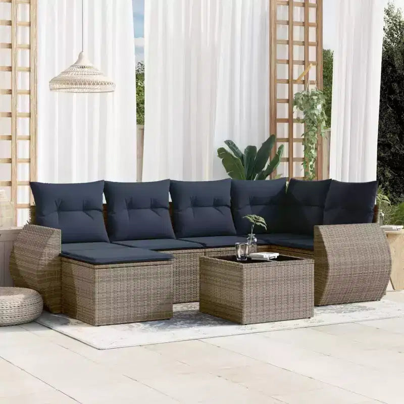 vidaXL Salon de jardin 7 pièces avec coussins, résine tressée gris