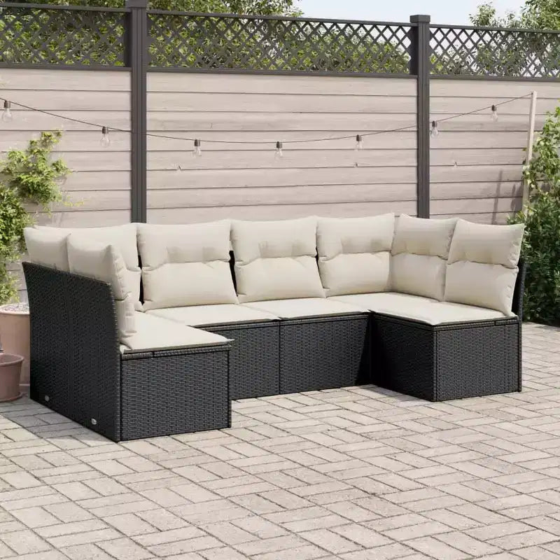 vidaXL Salon de jardin 7 pcs avec coussins résine tressée - Avec table Noir et crème