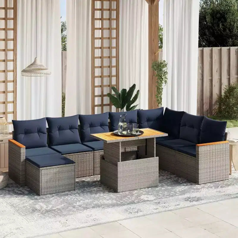 vidaXL Ensemble de canapé de jardin 9 pièces avec coussins en rotin synthétique, salon de jardin modulable, table réglable, options noir/gris