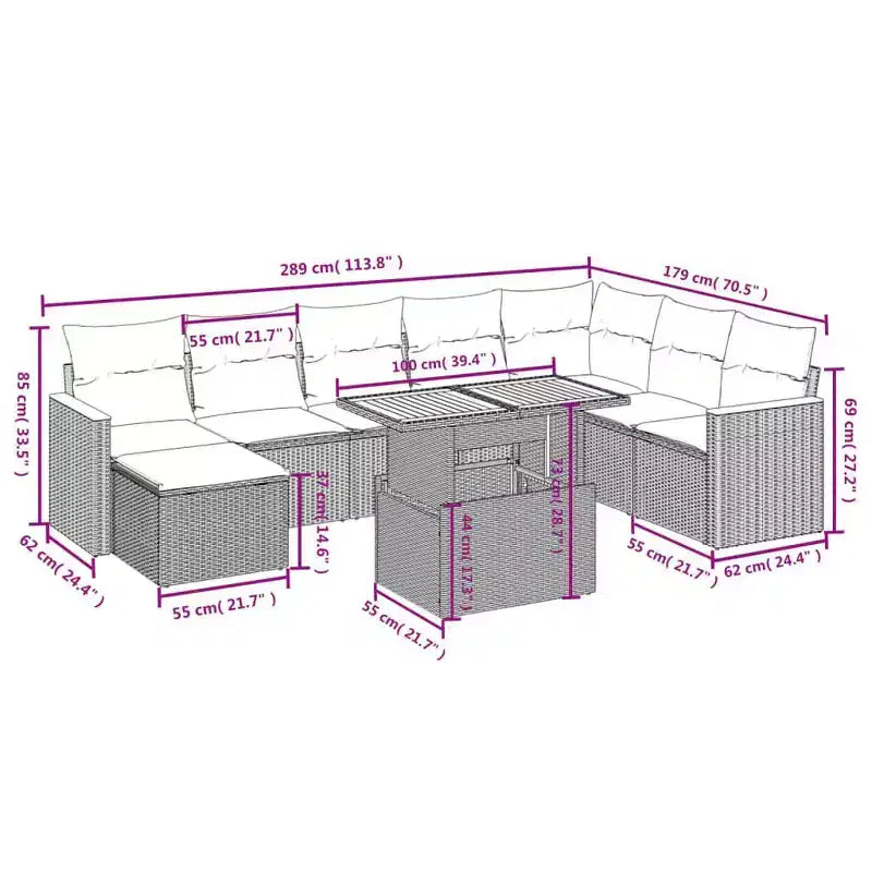 vidaXL Ensemble de canapé de jardin 9 pièces avec coussins en rotin synthétique, salon de jardin modulable, table réglable, options noir/gris