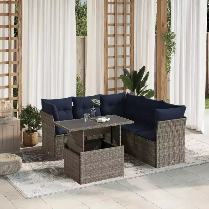 vidaXL Ensemble de canapés de jardin 6 pièces avec coussins en résine tressée, modulable, table ajustable, résistant aux UV, noir/marron/gris