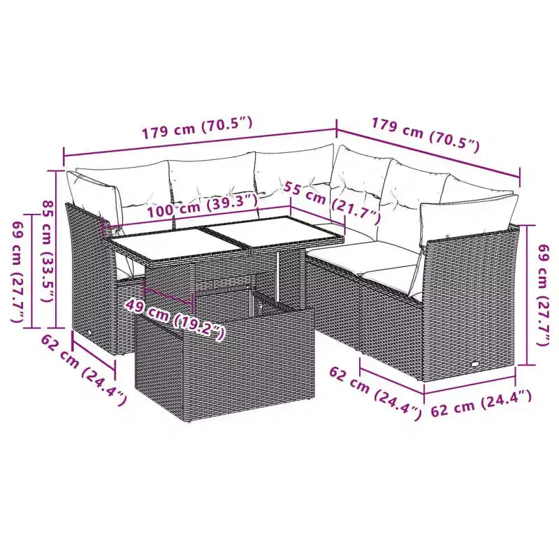vidaXL Ensemble de canapés de jardin 6 pièces avec coussins en résine tressée, modulable, table ajustable, résistant aux UV, noir/marron/gris