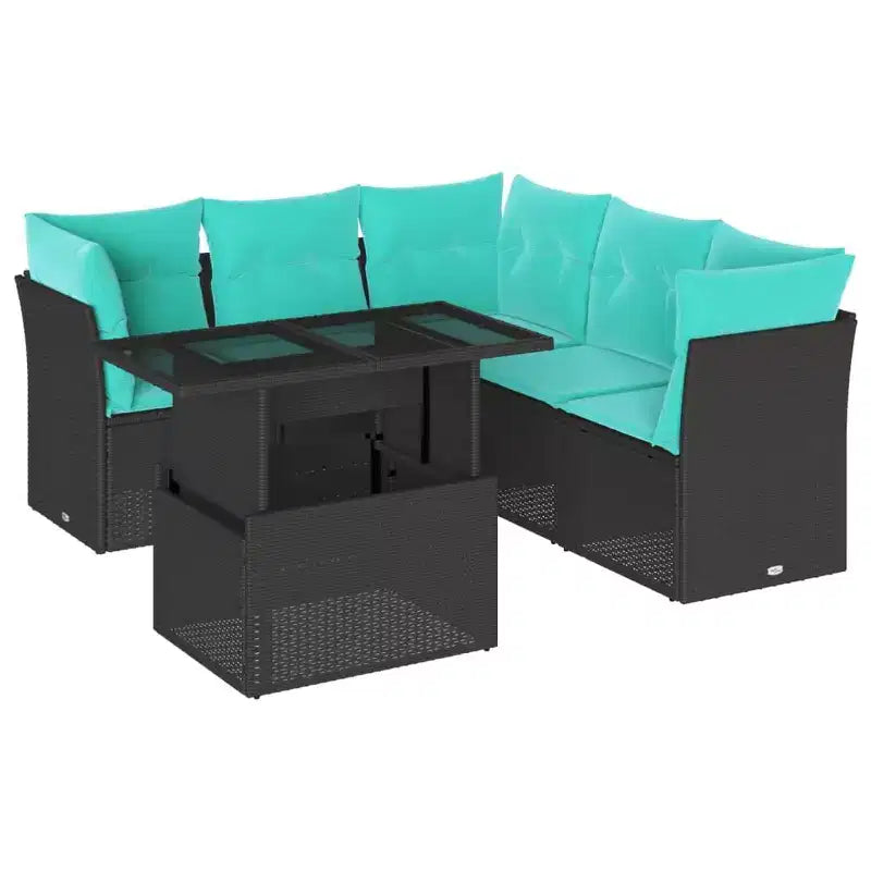 vidaXL 6 Piece Garden Sofa Set with Cushions Poly Rattan, Modular Outdoor Sectional, Adjustable Table, UV-Resistant, Black/Brown/Gray