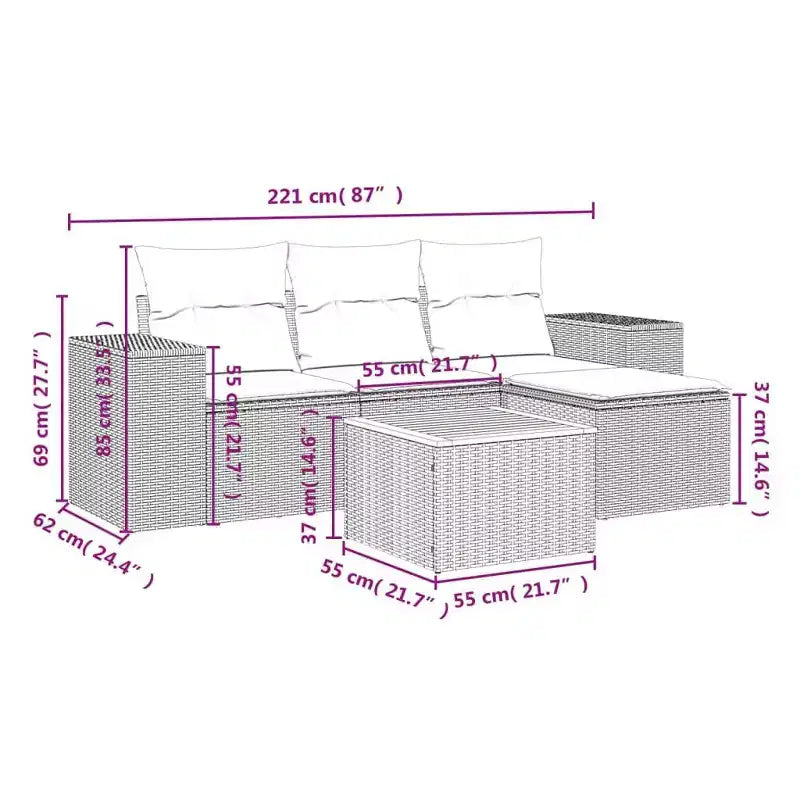 vidaXL Salon de jardin avec coussins, mobilier d'extérieur 5 pièces en poly rotin