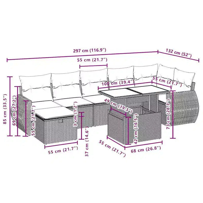 vidaXL Salon de jardin avec coussins, canapés modulaires 8 pièces en rotin synthétique