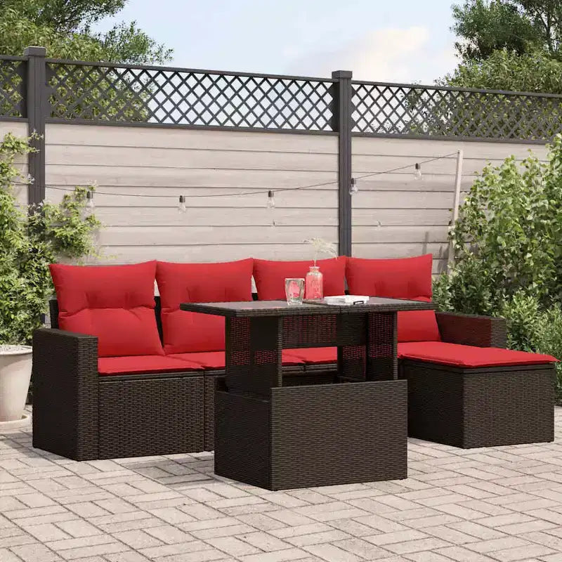 vidaXL Salon de jardin avec coussins et table, 6 pièces, résine tressée