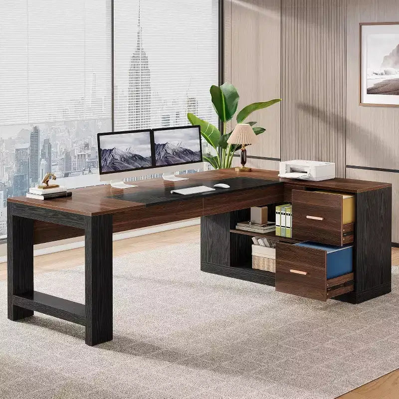 Bureau de direction en L de 78" avec tiroirs, grand bureau d'ordinateur d'angle avec armoire, poste de travail professionnel en bois pour bureau à domicile