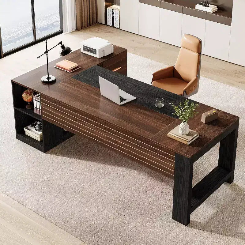 Bureau de direction en L de 78" avec tiroirs, grand bureau d'ordinateur d'angle avec armoire, poste de travail professionnel en bois pour bureau à domicile