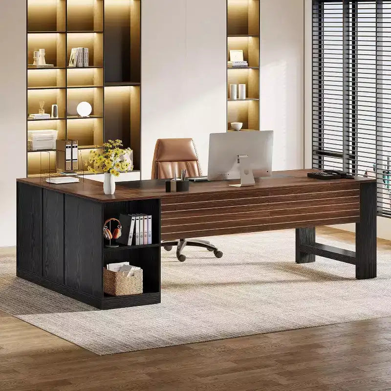 Bureau de direction en L de 78" avec tiroirs, grand bureau d'ordinateur d'angle avec armoire, poste de travail professionnel en bois pour bureau à domicile