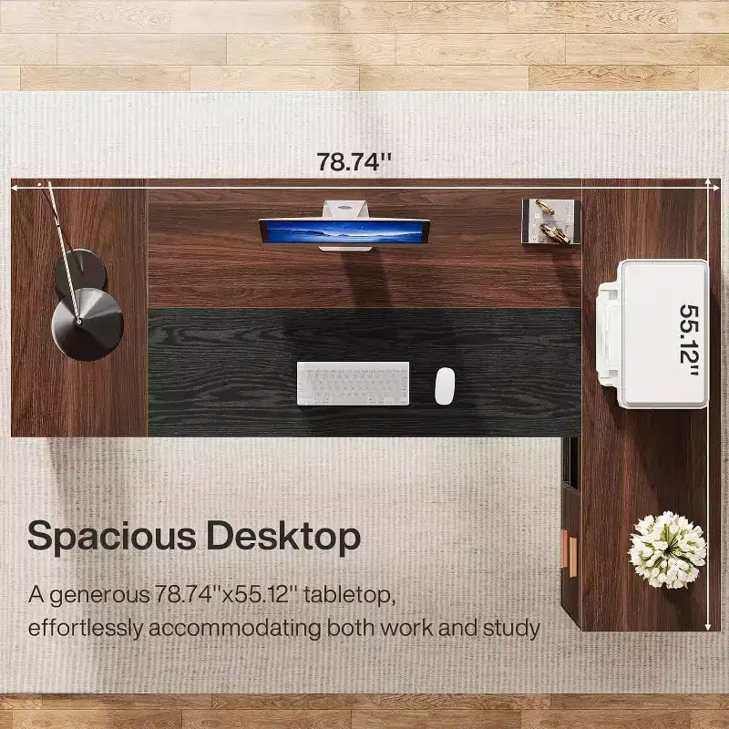Bureau de direction en L de 78" avec tiroirs, grand bureau d'ordinateur d'angle avec armoire, poste de travail professionnel en bois pour bureau à domicile