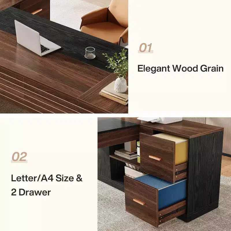 Bureau de direction en L de 78" avec tiroirs, grand bureau d'ordinateur d'angle avec armoire, poste de travail professionnel en bois pour bureau à domicile
