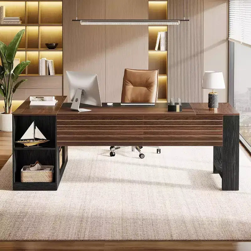 Bureau de direction en L de 78" avec tiroirs, grand bureau d'ordinateur d'angle avec armoire, poste de travail professionnel en bois pour bureau à domicile