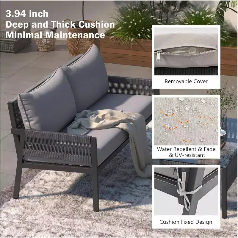 Ensemble de meubles de patio extérieur 4 piècesCauseuse, 2 canapés individuels, table basse, coussins amovibles, ensemble de conversation pour pelouse, jardin, cour arrière