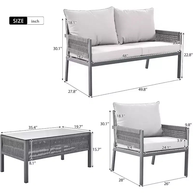 Ensemble de meubles de patio extérieur 4 piècesCauseuse, 2 canapés individuels, table basse, coussins amovibles, ensemble de conversation pour pelouse, jardin, cour arrière