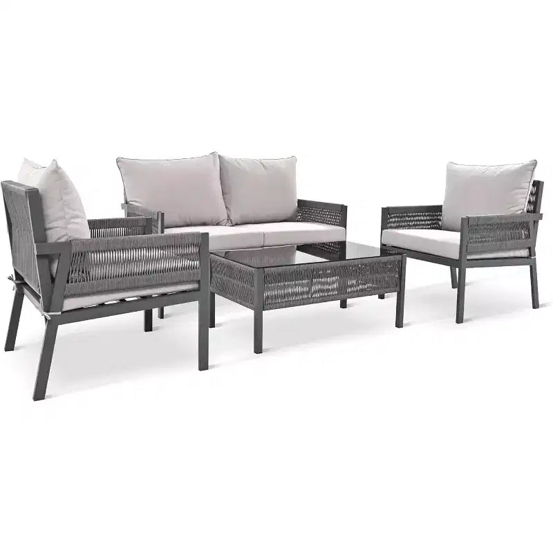 Ensemble de meubles de patio extérieur 4 piècesCauseuse, 2 canapés individuels, table basse, coussins amovibles, ensemble de conversation pour pelouse, jardin, cour arrière