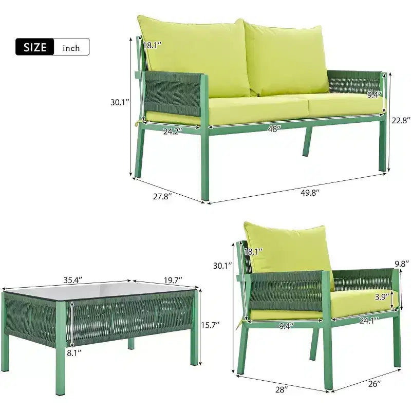 Ensemble de meubles de patio extérieur 4 piècesCauseuse, 2 canapés individuels, table basse, coussins amovibles, ensemble de conversation pour pelouse, jardin, cour arrière