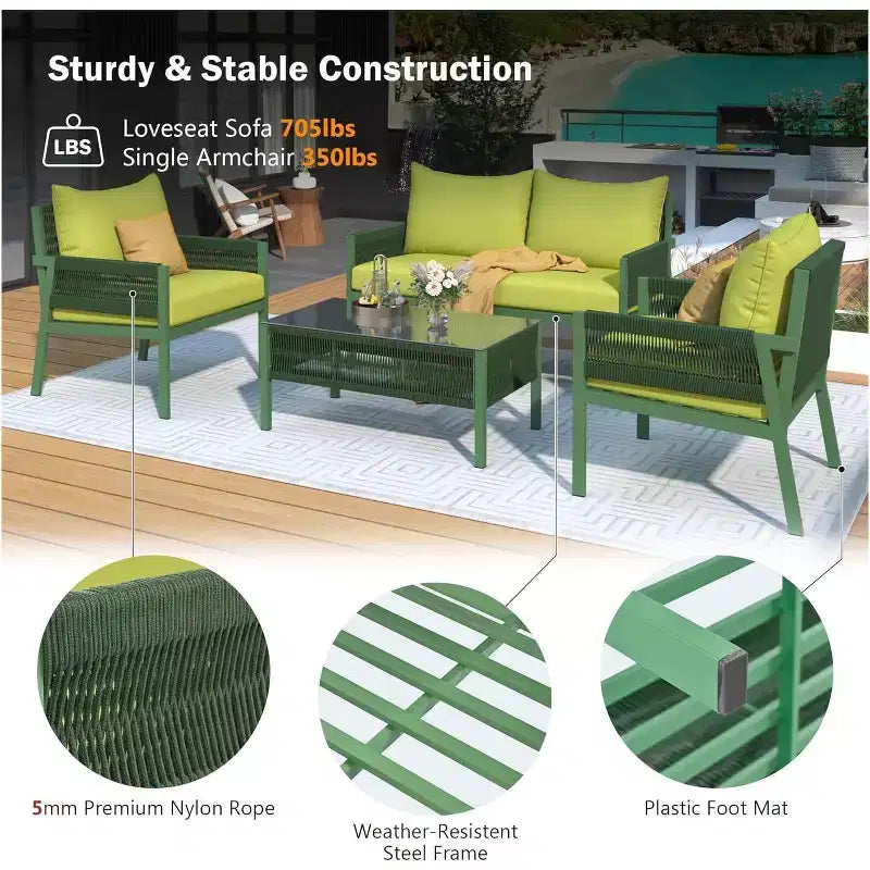 Ensemble de meubles de patio extérieur 4 piècesCauseuse, 2 canapés individuels, table basse, coussins amovibles, ensemble de conversation pour pelouse, jardin, cour arrière