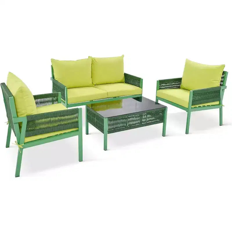Ensemble de meubles de patio extérieur 4 piècesCauseuse, 2 canapés individuels, table basse, coussins amovibles, ensemble de conversation pour pelouse, jardin, cour arrière