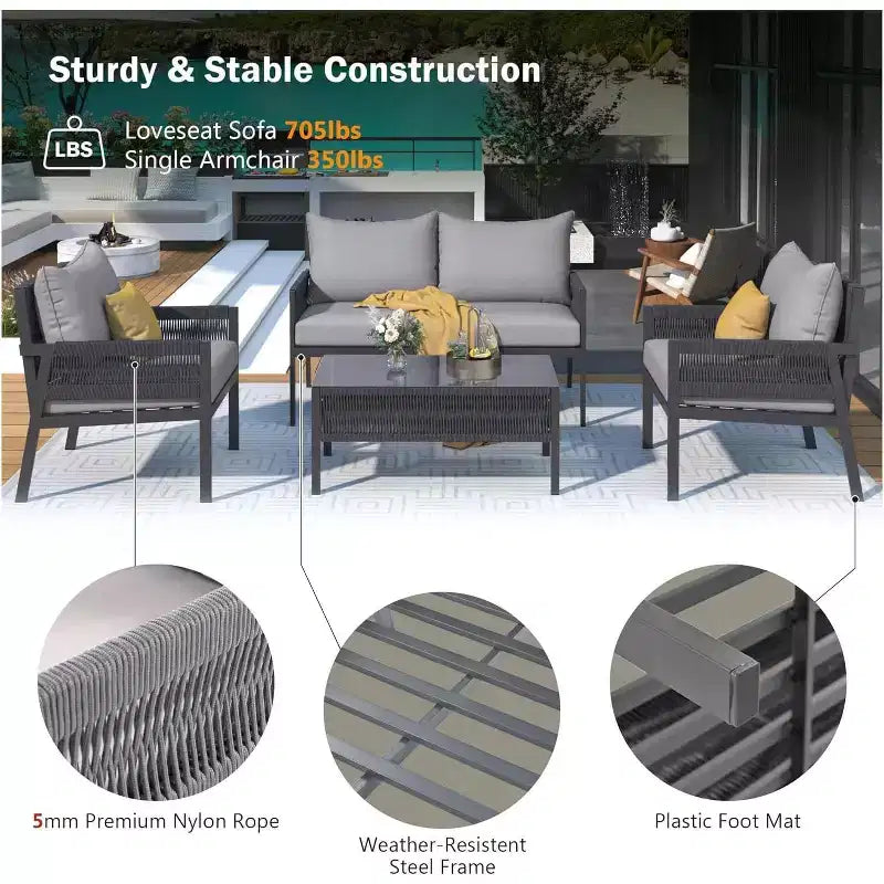 Ensemble de meubles de patio extérieur 4 piècesCauseuse, 2 canapés individuels, table basse, coussins amovibles, ensemble de conversation pour pelouse, jardin, cour arrière