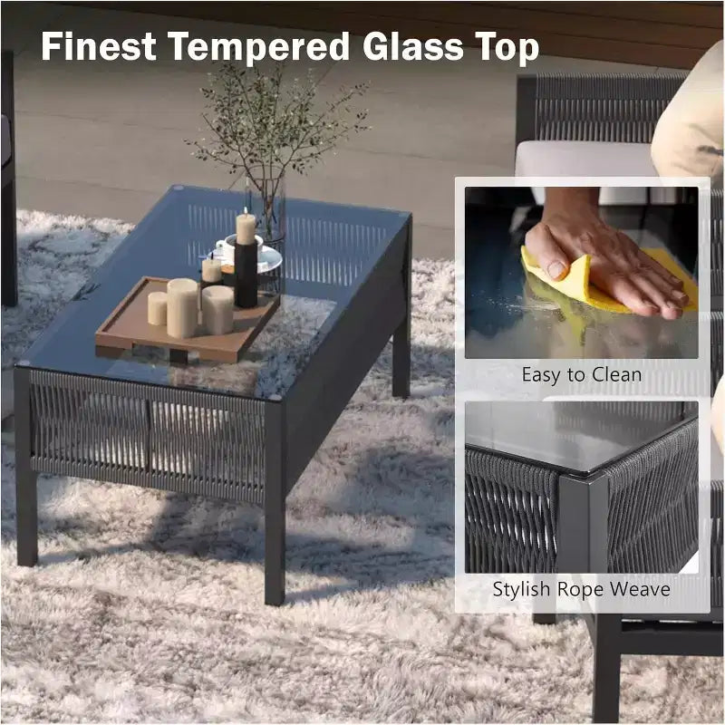 Ensemble de meubles de patio extérieur 4 piècesCauseuse, 2 canapés individuels, table basse, coussins amovibles, ensemble de conversation pour pelouse, jardin, cour arrière