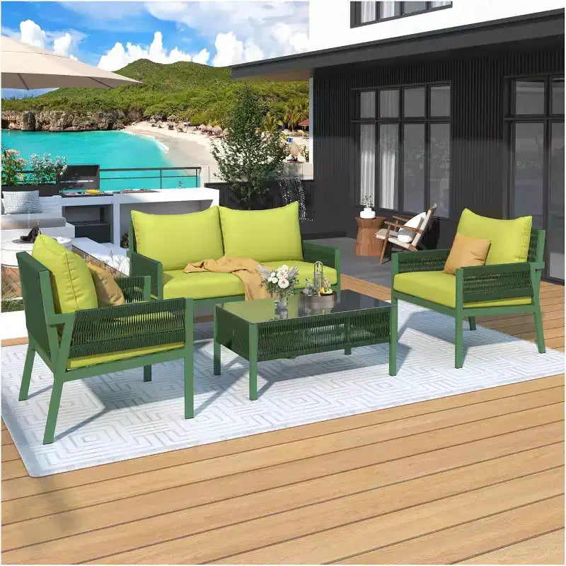 4 Piece Outdoor Patio Furniture SetLoveseat, 2 Single Sofas, Coffee Table, Removable Cushions, Conversation Set for Lawn, Garden, Backyard