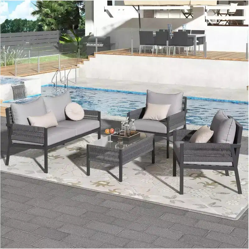 Ensemble de meubles de patio extérieur 4 piècesCauseuse, 2 canapés individuels, table basse, coussins amovibles, ensemble de conversation pour pelouse, jardin, cour arrière