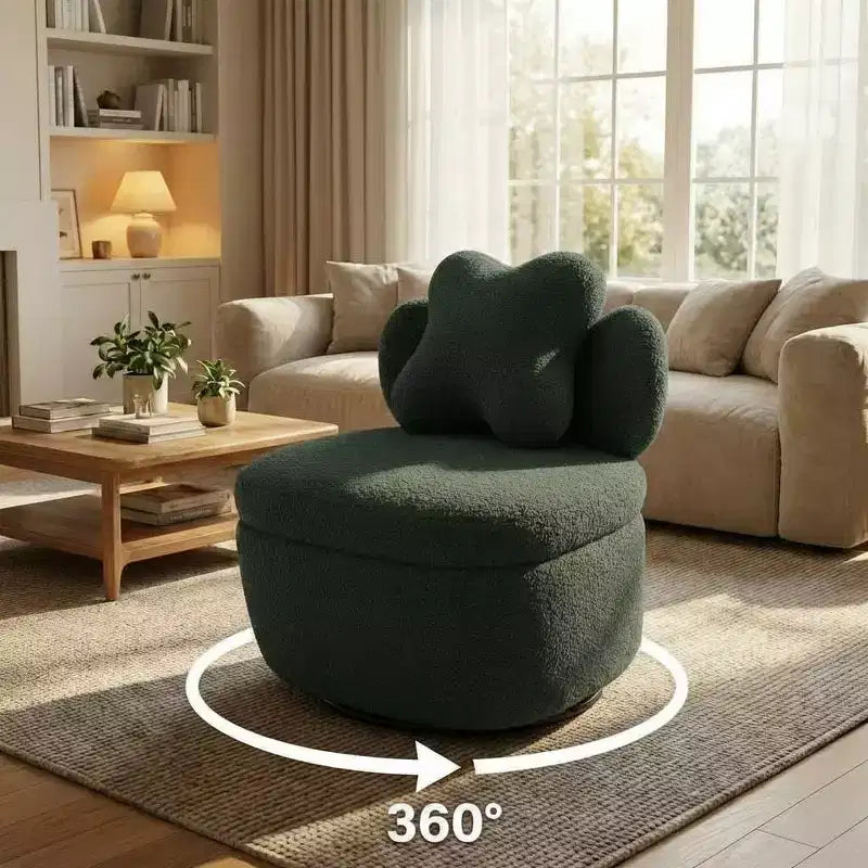 Heart Backrest Swivel Chair, 360 Degree Rotating Teddy Velvet Lounge Sofa with Storage for Living Room