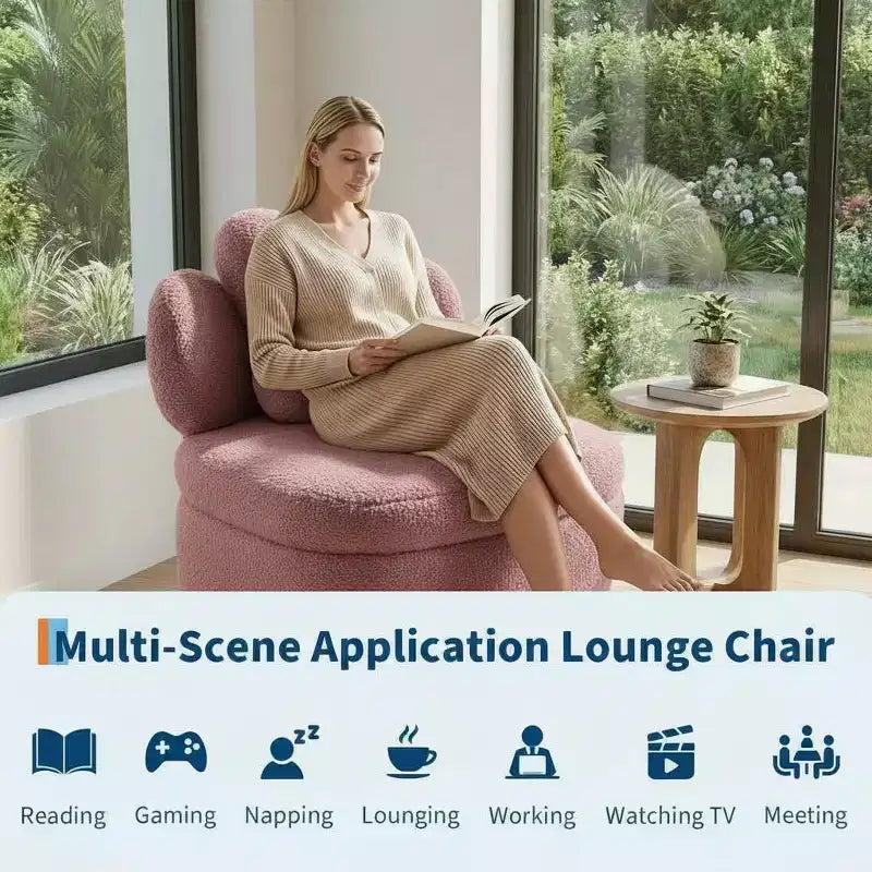 Heart Backrest Swivel Chair, 360 Degree Rotating Teddy Velvet Lounge Sofa with Storage for Living Room