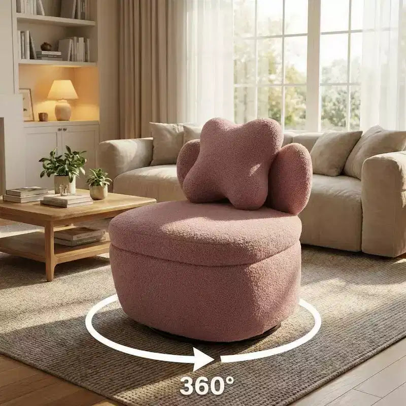 Heart Backrest Swivel Chair, 360 Degree Rotating Teddy Velvet Lounge Sofa with Storage for Living Room