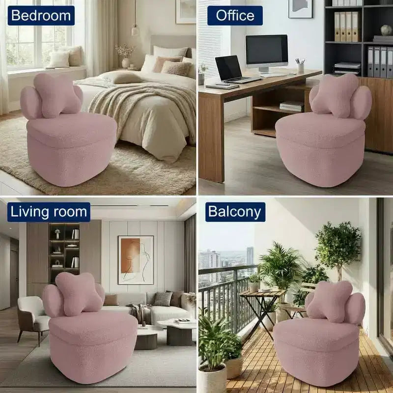 Heart Backrest Swivel Chair, 360 Degree Rotating Teddy Velvet Lounge Sofa with Storage for Living Room