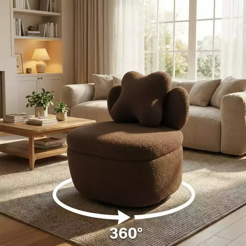 Heart Backrest Swivel Chair, 360 Degree Rotating Teddy Velvet Lounge Sofa with Storage for Living Room