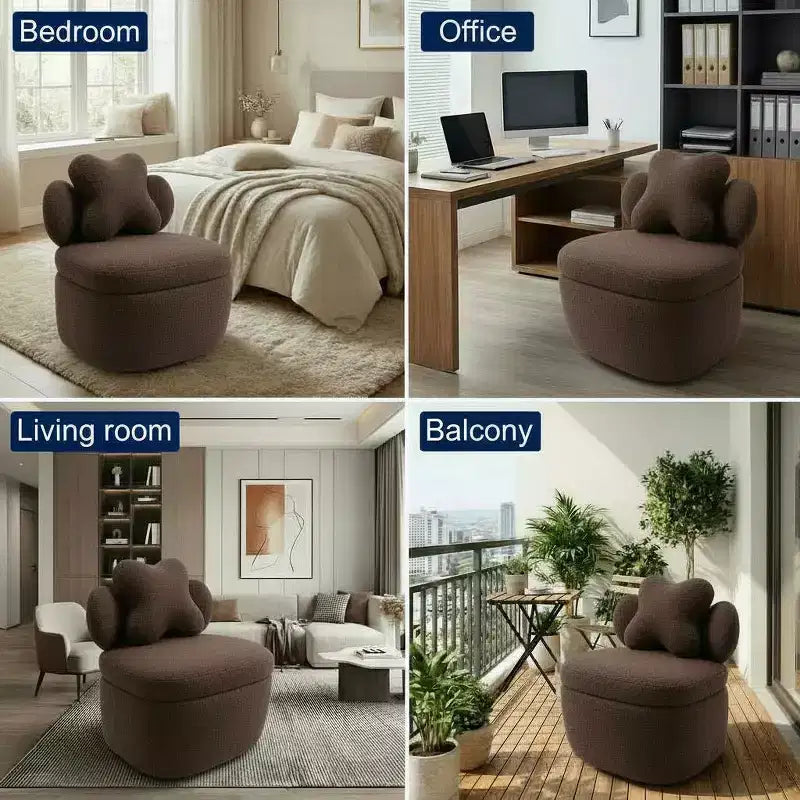 Heart Backrest Swivel Chair, 360 Degree Rotating Teddy Velvet Lounge Sofa with Storage for Living Room