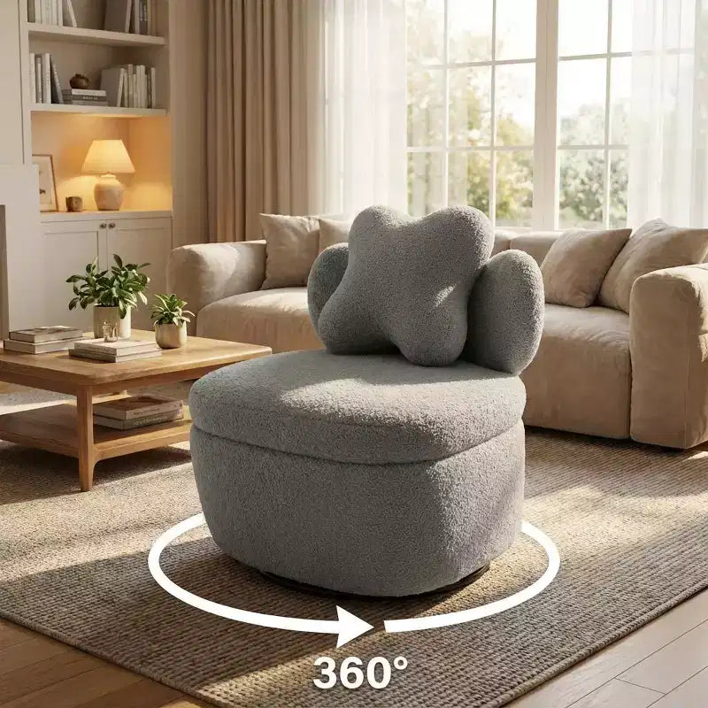 Heart Backrest Swivel Chair, 360 Degree Rotating Teddy Velvet Lounge Sofa with Storage for Living Room