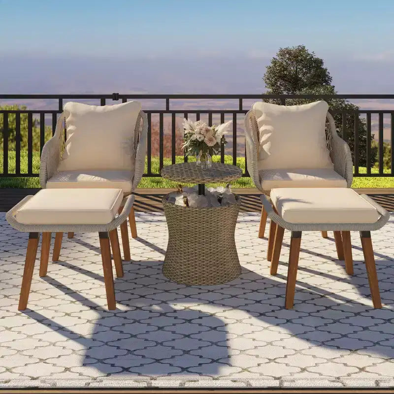 GDFStudio Shawn 5 Piece Patio Seating Set with Rattan Pop-Up Bar Table, Acacia& Metal Seating