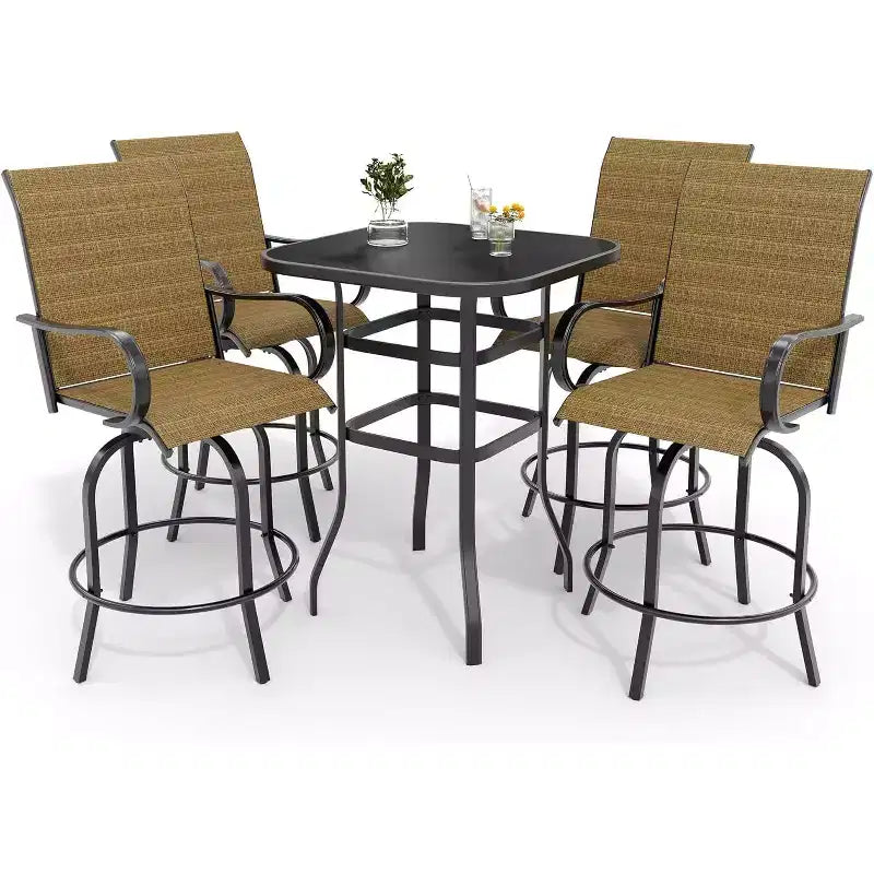 COZONY Patio Swivel Bar Set, Outdoor High Top Bar Table Swivel Chairs Glass Table All Weather Fabric for Patio