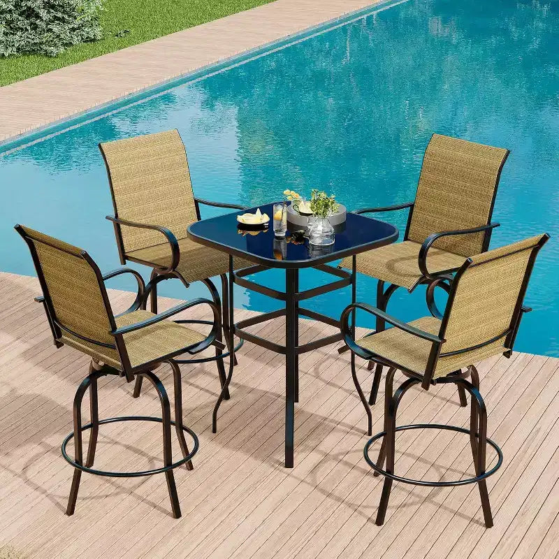 Ensemble de bar pivotant COZONY pour terrasse, table de bar haute d'extérieur, chaises pivotantes, table en verre, tissu tout temps pour terrasse
