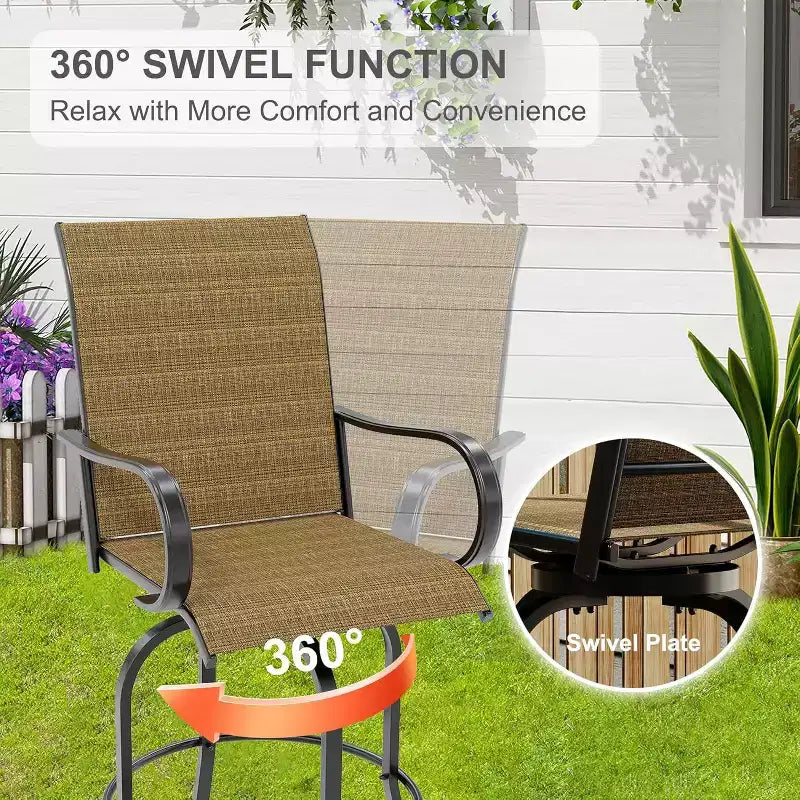 Ensemble de bar pivotant COZONY pour terrasse, table de bar haute d'extérieur, chaises pivotantes, table en verre, tissu tout temps pour terrasse