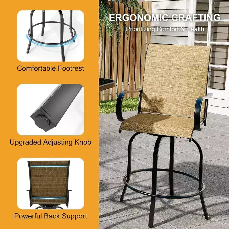 Ensemble de bar pivotant COZONY pour terrasse, table de bar haute d'extérieur, chaises pivotantes, table en verre, tissu tout temps pour terrasse