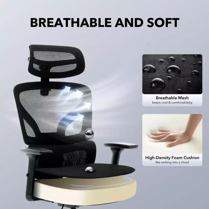 Ergonomic Office Chair with 3D Armrests, Headrest and Backrest, Soft-padded Ergonomic Mesh Chair, Electroplated Feet, White Box, Beige
