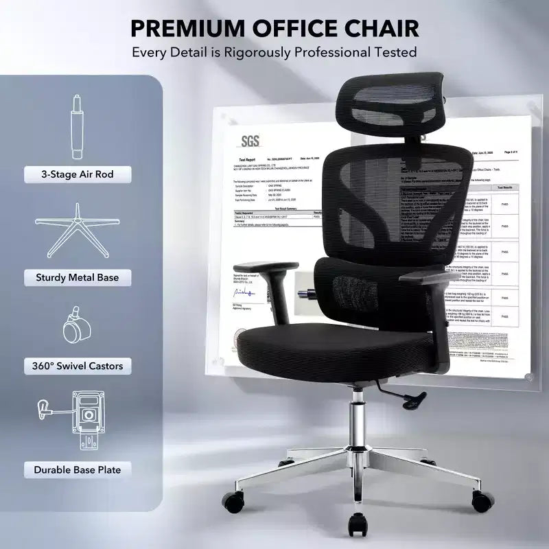 Ergonomic Office Chair with 3D Armrests, Headrest and Backrest, Soft-padded Ergonomic Mesh Chair, Electroplated Feet, White Box, Beige