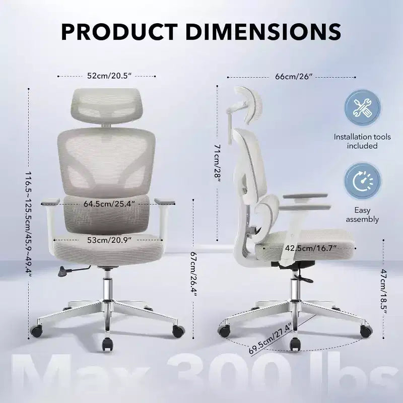 Ergonomic Office Chair with 3D Armrests, Headrest and Backrest, Soft-padded Ergonomic Mesh Chair, Electroplated Feet, White Box, Beige