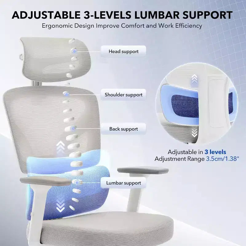Ergonomic Office Chair with 3D Armrests, Headrest and Backrest, Soft-padded Ergonomic Mesh Chair, Electroplated Feet, White Box, Beige